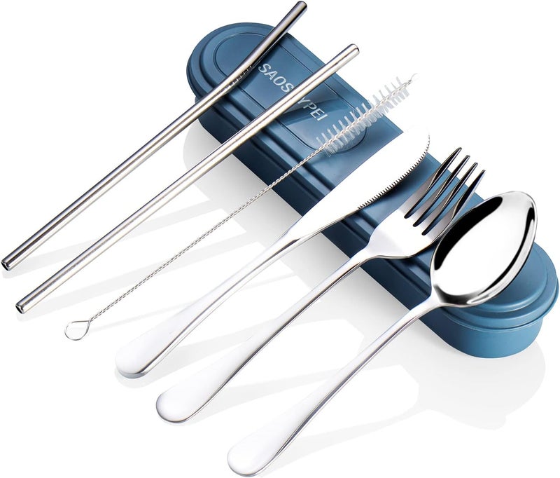 SAOSHYPEI Portable Utensils Set with Case, 4pcs Stainless Steel Reusable Silverware for Lunch Camping School Picnic Workplace Travel, Lunch Box Includ Fork Spoon Knife,Easy to clean,Dishwasher Safe(Black) - Image 1